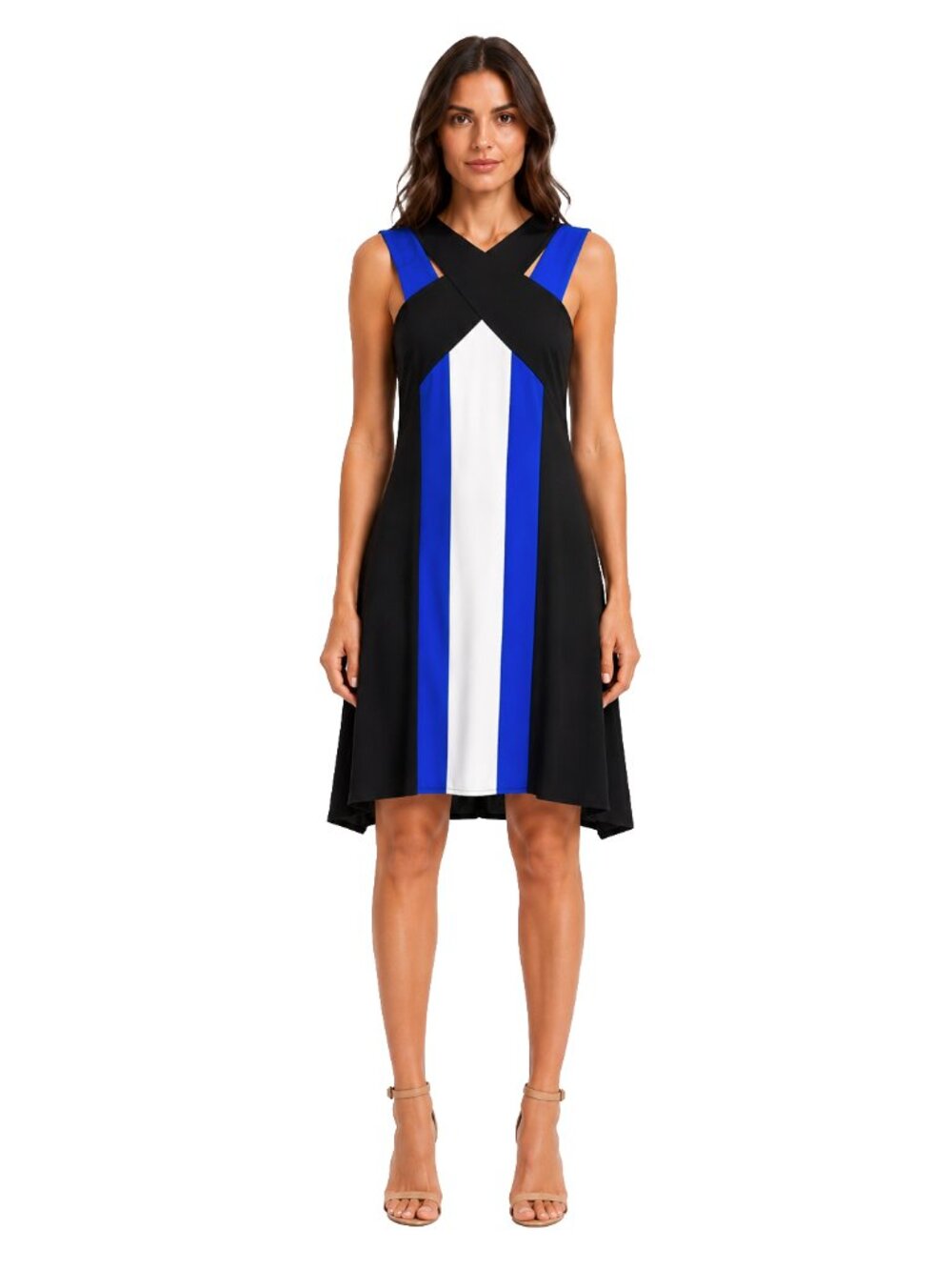 BCBG XS Cutout Colorblock Maxi Dress Blue Black White Geometric Chic